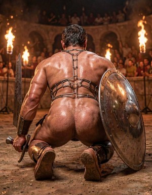 Un gladiador arrodillado de espaldas ocupa el centro de una arena de combate, con el cuerpo sudoroso, la espalda musculosa cubierta por un arnés de cuero y metal, y el culo completamente desnudo expuesto bajo la luz cálida de las antorchas. Sujeta una espada corta en la mano izquierda mientras apoya un gran escudo redondo metálico en el brazo derecho, ambos con aspecto desgastado por la lucha. Lleva protecciones en piernas y antebrazos, y el suelo de tierra aparece marcado y polvoriento. Al fondo, un público numeroso observa desde las gradas de piedra, creando una escena intensa de coliseo romano, espectáculo violento, tensión y combate gladiatorio.
