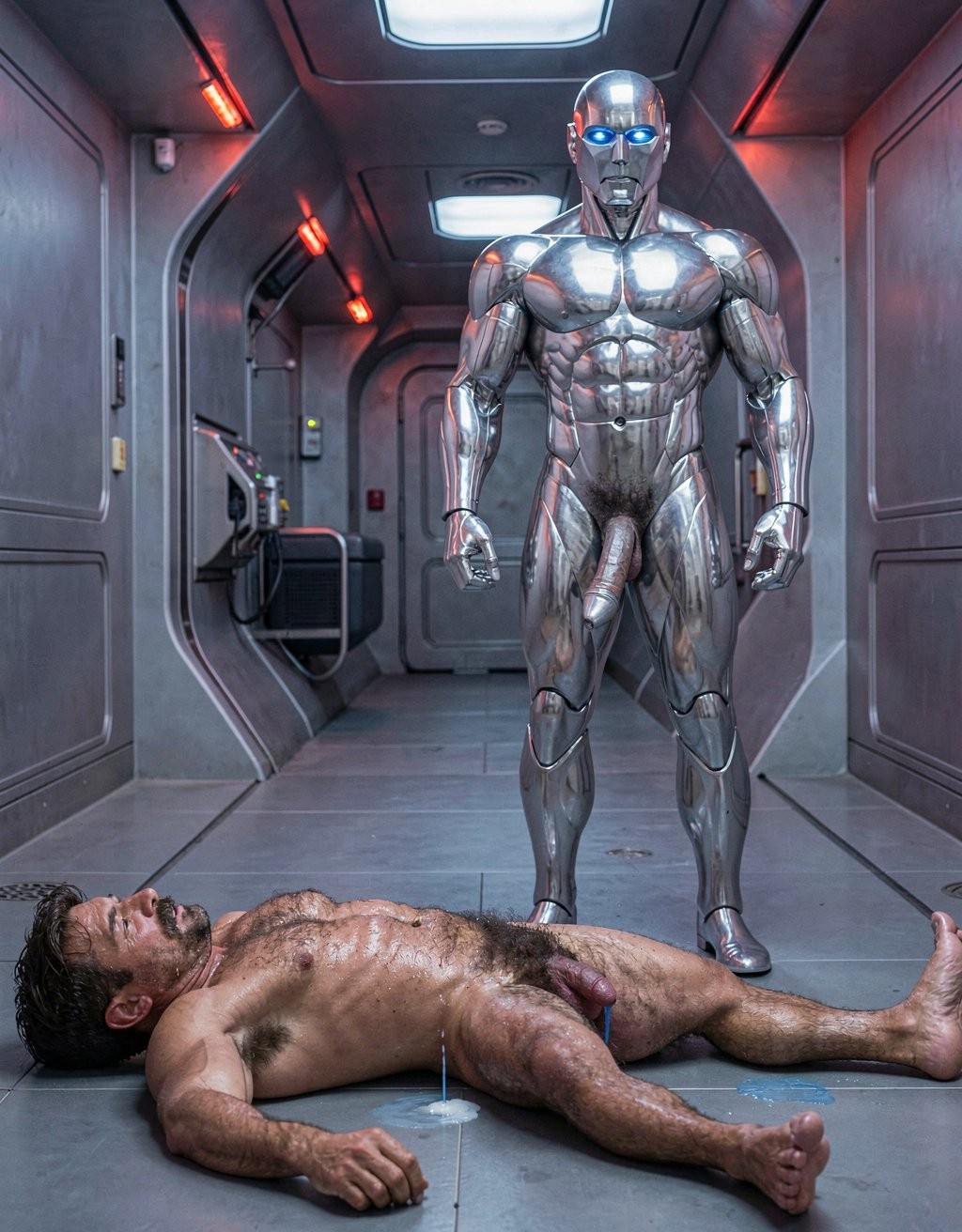 Tom Selleck y Robot. En el pasillo metálico del OVNI, bajo la luz azul fría y el parpadeo intermitente de las luces rojas de emergencia, Tom Selleck sigue tirado en el suelo, completamente exhausto y corrido.

Está desparramado de espaldas, con las piernas abiertas, el pecho velludo subiendo y bajando con dificultad y los brazos flojos a los lados. Su cuerpo bronceado brilla por el sudor. El denso vello castaño oscuro cubre profusamente su pecho, abdomen, pubis extremadamente poblado y muslos. Su polla de 22 cm reposa blanda, hinchada y roja sobre su muslo peludo, goteando los últimos restos de semen blanco espeso que le manchan el vientre y el pecho. Su bigote en herradura está empapado, los ojos entrecerrados y la boca abierta, respirando con esfuerzo.

A unos metros de distancia, el Robot se ha levantado y se mantiene en posición de firme militar perfecta. Piernas rectas y juntas, pies en ángulo preciso, espalda erguida, hombros cuadrados, pecho hinchado y brazos pegados al cuerpo con los puños cerrados. Su cabeza geométrica mira al frente con los ojos azul eléctrico encendidos.

Todos sus músculos metálicos están extremadamente marcados bajo la superficie cromada espejo: pectorales segmentados, deltoides redondos, brazos con bíceps y tríceps perfectamente definidos, abdominales en six-pack profundo y cuádriceps y gemelos que parecen esculpidos en acero.

Su polla metálica ha sido corregida: ahora es una verga de 26 cm perfectamente anatómica y realista, gruesa, con tronco recto y ligeramente venoso, glande redondeado y bien formado, y un peso natural que hace que cuelgue pesada y semierecta entre sus piernas metálicas. La polla brilla con un reflejo plateado impecable, todavía mojada por los restos de semen azul eléctrico que resbalan lentamente por el tronco y caen al suelo. Su forma es hermosa, dominante y perfectamente proporcionada, destacando con fuerza contra el cuerpo lampiño y cromado del Robot.

El Robot permanece inmóvil en firme militar, como una estatua hipermasculina de metal, exhibiendo todos sus músculos y su polla corregida mientras vigila desde arriba al hombre velludo y destrozado que yace a sus pies.