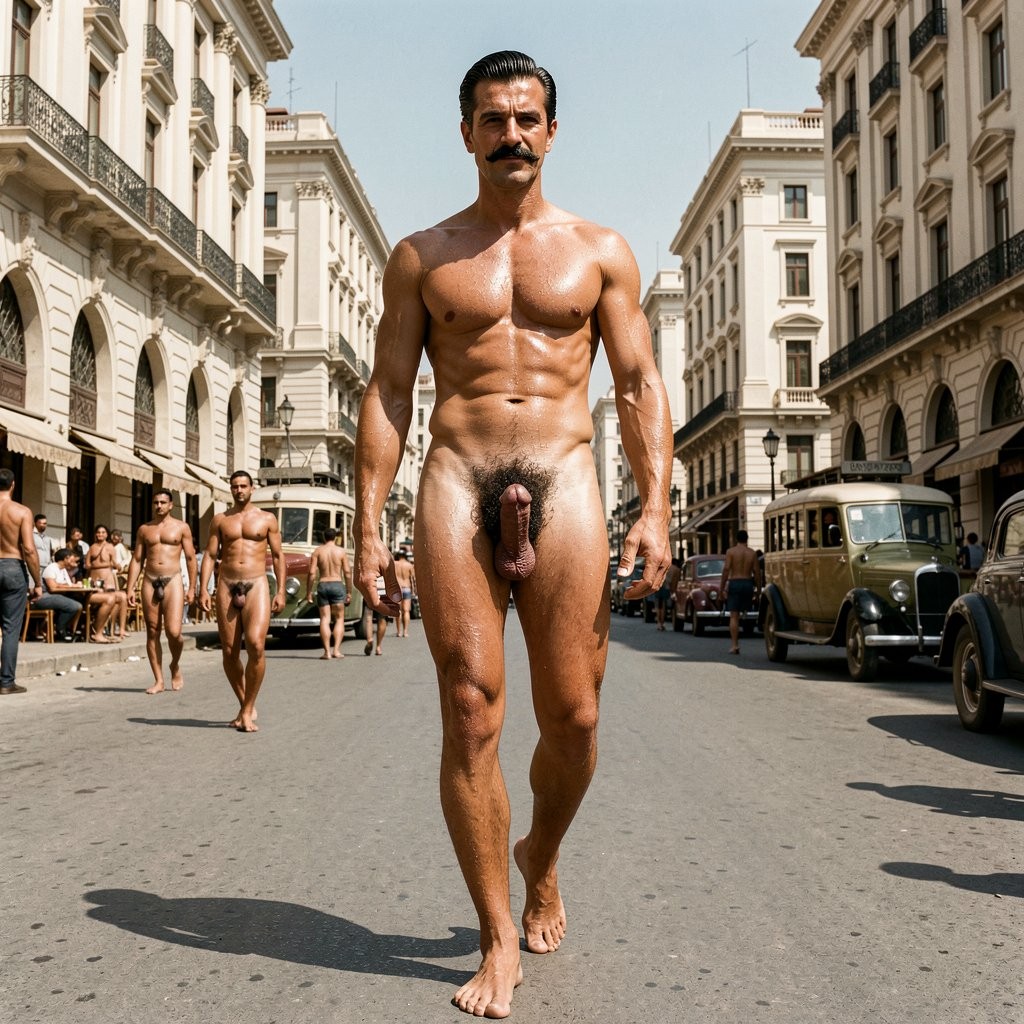 A naked, muscular man walks barefoot down the center of a wide urban street, with his chest, defined abdomen, pubic hair, and penis fully visible under intense midday light. He has a dark mustache, slicked-back hair, and a serious expression as he advances head-on between classic buildings with light-colored facades, iron balconies, and arcades. In the background, other men, also naked, are walking along the roadway, and some people are seated at outdoor terraces, next to parked vintage cars, giving the scene a surreal, provocative, and cinematic air in a European city.