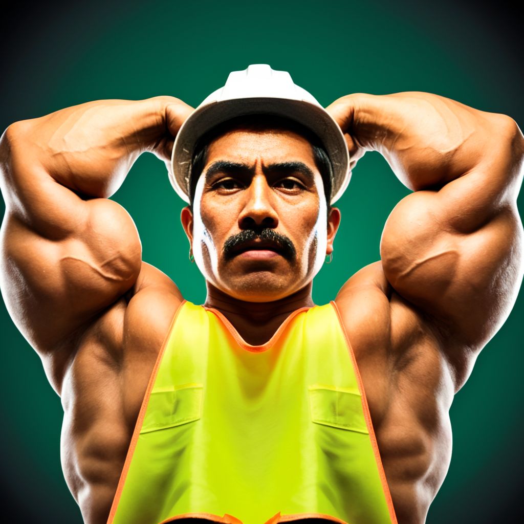 Albañil mexicano, hipnotizado y flexionando los brazos