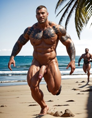 Tres soldados de caballería, desnudos musculosos y muy tatuados, de 30 años de edad, disfrutan de su día de descanso haciendo deporte en una playa del Pacífico, están corriendo en la orilla del mar, están desnudos y mostrando su grandes penes y hermosos testículos. Tienen mucho vello por todo el cuerpo. Hay mucha luz solar alumbrando todo el ambiente. Sus genitales se mueven hacia los lados chocando con sus muslos de las piernas