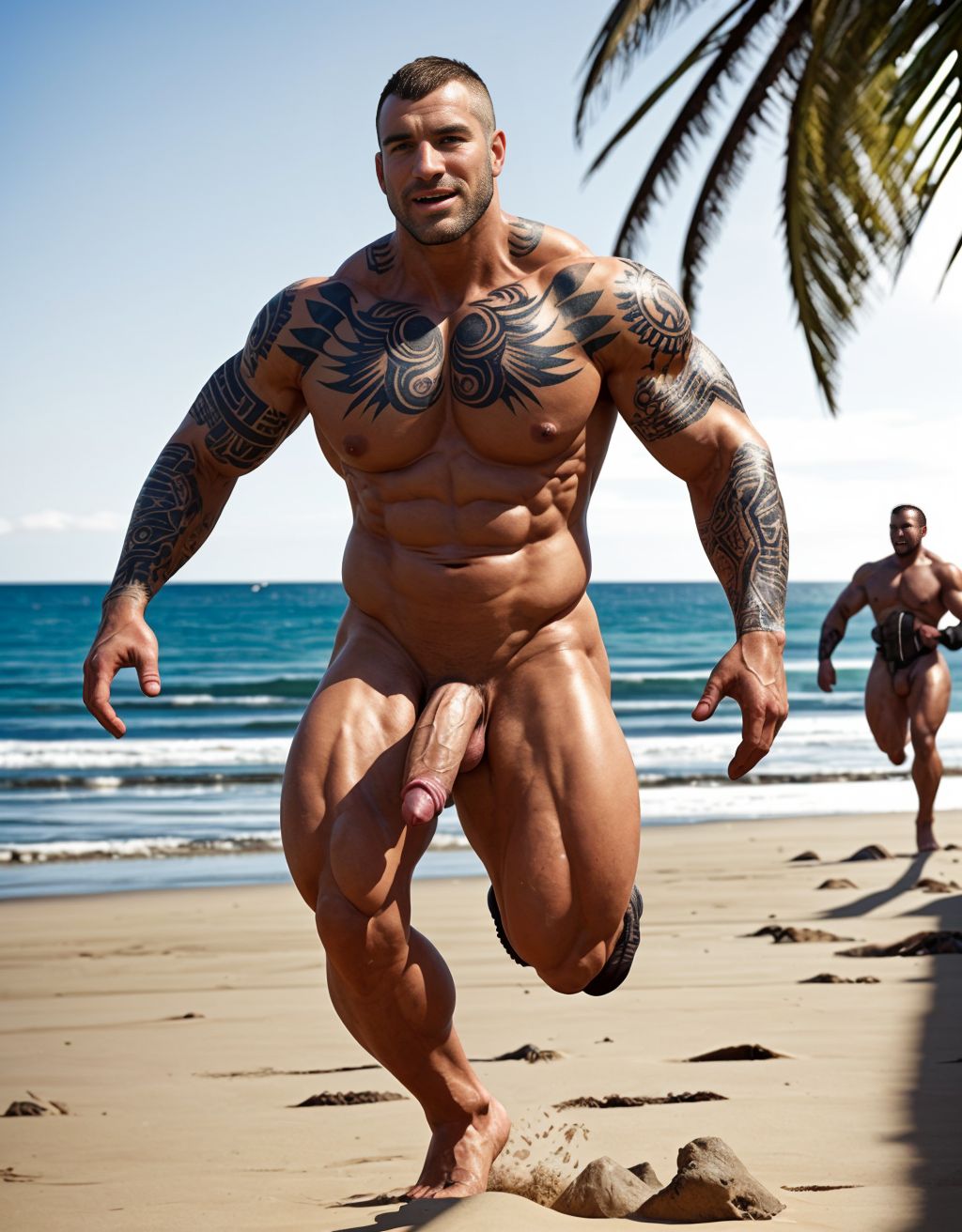 Tres soldados de caballería, desnudos musculosos y muy tatuados, de 30 años de edad, disfrutan de su día de descanso haciendo deporte en una playa del Pacífico, están corriendo en la orilla del mar, están desnudos y mostrando su grandes penes y hermosos testículos. Tienen mucho vello por todo el cuerpo. Hay mucha luz solar alumbrando todo el ambiente. Sus genitales se mueven hacia los lados chocando con sus muslos de las piernas