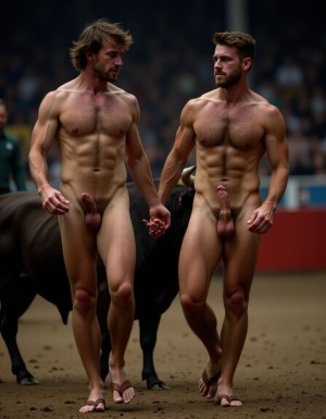 Un torero español musculoso y velludo de 50 años, con torso atlético y marcado, se muestra completamente desnudo, destacando su pene de 30 cm de longitud y 5 cm de grosor, perfectamente formado y rodeado de un denso vello púbico castaño oscuro. Sus testículos, perfectamente formados, cuelgan de forma prominente. La piel bronceada y sudorosa resalta su musculatura definida, con pectorales y abdominales bien marcados y sin grasa. El cabello largo y castaño oscuro está despeinado y sudoroso, con gotas de sudor resbalando por su frente y mejillas. Una barba incipiente y un vello corporal denso que se extiende por su pecho, piernas y brazos completan su apariencia viril. Lleva sandalias marrones en sus pies.

A su lado, un hombre musculoso y velludo de 30 años, completamente desnudo, muestra un pene erecto de 30 cm de longitud y 4 cm de grosor, hermoso y perfecto, rodeado de un denso vello púbico pelirrojo. Su piel bronceada y sudorosa muestra una musculatura definida, con pectorales y abdominales muy marcados. Tiene cabello pelirrojo despeinado y sudoroso. Tiene una barba pelirroja densa pero bien recortada. El vello corporal pelirrojo denso cubre su pecho, y tiene mucho vello pelirrojo en sus piernas y brazos, lo que realza su apariencia masculina y atlética. Están andando en la plaza de toros con un toro

Ambos hombres se encuentran en una plaza de toros, con sombras que resaltan su musculatura y vello corporal, creando un ambiente sensual y cargado de tensión. Están en pleno acto de pasión, con sus penes erectos y testículos prominentes ,destacando su musculatura, vello corporal y atributos viriles en una imagen impactante y llena de energía. La escena está llena de sensualidad y poder, con los dos hombres como protagonistas, en un ambiente cargado de pasión y erotismo. La imagen es híper realista, con detalles de alta calidad, y muestra la unión de los dos hombres en un acto de pasión y dominio, con sus cuerpos musculosos y velludos completamente desnudos y visibles, mostrando su excitación y pasión en cada detalle. Tienen sus penes erectos, desde la uretra del glande del pene eyaculan semen blanco lanzado en abundancia.