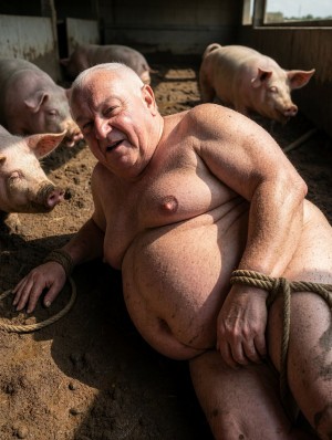 Un hombre mayor, desnudo y con el cuerpo corpulento, aparece tumbado sobre el suelo de tierra de una pocilga, rodeado de varios cerdos rosados que se acercan entre la penumbra del establo. La luz entra lateralmente y resalta su piel, el pecho descubierto, la barriga prominente y los brazos apoyados en el barro seco, mientras una cuerda gruesa parece rodearle la muñeca y parte de la cintura o la pierna. Su expresión es cansada o incómoda, con los ojos entrecerrados y la cabeza inclinada, creando una escena rural, cruda y perturbadora dentro de un corral de cerdos con paredes oscuras, paja, suciedad y ambiente de granja.
