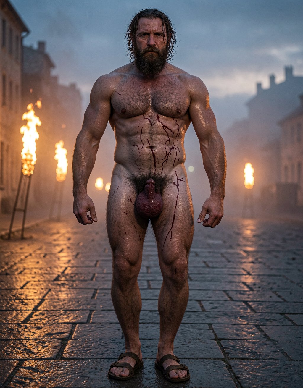 Amleth (Alexander Skarsgård) como berserker vikingo de 35 años, cuerpo entero desde los pies a la cabeza, 194 cm de altura. Cuerpo con 7% de grasa corporal, musculatura ultra definida de culturista guerrero. Desnudo frontal completo.

Tiene un pene erecto de 24 cm de largo y tiene testículos muy asimétricos (uno más bajo que el otro) de 17 cm de perímetro, circuncidado, curvándose ligeramente hacia arriba en un ángulo de unos 30 grados respecto al cuerpo. Tiene glande grueso y bulboso de color rosado oscuro violáceo, altamente definido con la corona del glande marcada y pronunciada formando un borde elevado, uretra visible y ligeramente abierta en la punta con un pequeño punto de humedad. El tronco del pene es largo, recto y grueso, con una curva ascendente suave y constante, cubierto de venas gruesas, tortuosas y muy marcadas que recorren el lateral derecho, el lateral izquierdo y la parte inferior, destacando una vena principal que nace en la base y serpentea por todo el lateral hasta alcanzar el glande. La piel del tronco está tirante y brillante por la erección máxima, de un tono pálido grisáceo con matices rosados, mostrando la textura de la piel estirada. Frenillo tirante, visible y marcado en la parte inferior del glande, con pequeñas venas secundarias irradiando desde él. Vello púbico extremadamente denso, oscuro, espeso y rizado, en forma de V invertida pronunciada que sube desde la base del pene hasta el ombligo, con algunos pelos más largos enredados. Testículos grandes, cargados, colgando con el izquierdo notablemente más bajo que el derecho, piel del escroto muy arrugada, texturizada, con pliegues profundos, de un tono más claro y ligeramente rosado, cubierta de vello fino oscuro, con venas visibles recorriendo la superficie del escroto. Sudor brillante en toda la zona genital, pequeñas gotas deslizándose por el tronco del pene, rastros de barro seco y sangre oscura en el vello púbico y en la base del pene.

Sandalias de cuero rudimentarias en los pies atadas con tiras, piernas separadas a la altura de los hombros en posición de poder. Fondo de fiordo nórdico al anochecer con niebla baja espesa, antorchas de fuego real iluminando desde abajo y desde un lateral creando sombras dramáticas alargadas, contraluz de un cielo crepuscular azul profundo y naranja, iluminación de tres puntos cinematográfica, estilo visual de Robert Eggers con grano de película de 35mm, hiperrealismo extremo, textura de piel fotográfica con poros visibles, alta definición 8K, contraste alto, fotografía de cine de autor con lente gran angular ligero, composición simétrica, sombras profundas en los pliegues musculares, reflejos de luz en el sudor y en la humedad del glande. Camina por las calles de Atenas  y se encuentra con Fjölnir (Claes Bang) es un hombre rudo, barbudo, de complexión fuerte pero más envejecida que Amleth; tiene autoridad  y ha llegado al poder por la fuerza y es un hombre pragmático, violento
