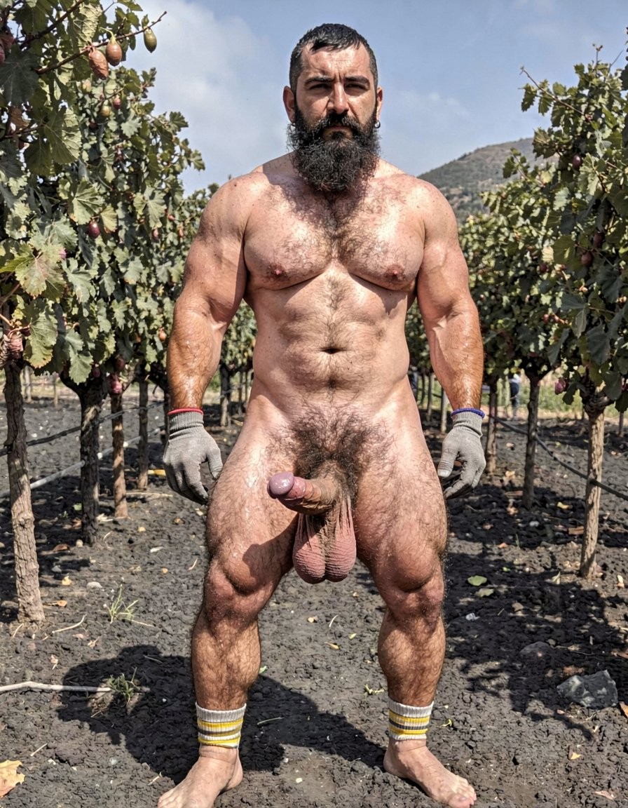 A hyper-realistic full-body vertical photograph taken in harsh midday Santorini sunlight over black volcanic soil between rows of Assyrtiko vines. Dimitris, 32, stands completely naked except for grey work gloves with yellow and white stripes, feet planted wide apart on the dark earth, toes gripping the soil. Shot from a low frontal angle so every inch from his big dirty feet to the top of his head is visible without cropping. His body is at 5% body fat, extremely muscular competition physique: huge veiny traps and shoulders, massive hairy pecs, eight-pack abs partially covered by dense black curly body hair that runs from his neck all the way down to his toes. Extremely thick black pubic bush, massive thick veiny Greek cock rock-hard and pointing upward almost touching his abs, swollen purple glans shiny with precum, a long clear drop hanging from the slit. Heavy low-hanging hairy balls. Thick black hair covers his powerful thighs, calves and feet. His face is pure predator: long thick connected black beard and mustache, short jet-black hair with shaved sides, dark intense eyes looking straight at the viewer, small silver earring in left ear. Skin deeply tanned and covered in sweat that makes the dense body hair glisten. Every muscle, every strand of wet black hair, every vein is razor sharp under the direct Mediterranean sun. Maximum photorealistic detail, vertical composition showing the entire body head to toe with no cropping.