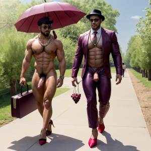 Dos hombres machos musculosos desnudos muy viriles con pene grande y testículos grandes y peludos. Caminando 10 ⛓️⛓️ 🍇 🍒 🌞 👠👠 👜💼 🧢🌂👓