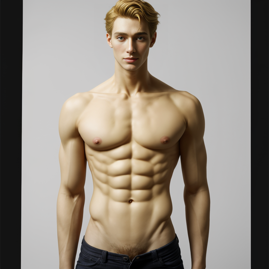 Young blond man posing front-facing with a bare torso, direct gaze and serene expression, against a neutral gray studio background. His muscular physique stands out with broad shoulders, defined arms, marked pectorals and very pronounced abs, with soft lighting that highlights the body's relief and athletic symmetry. He wears dark jeans low on the waist, leaving the lower abdomen visible and a small line of hair above the pubis. The blond hairstyle, well-groomed and voluminous, together with the fair skin and upright posture, reinforces a fitness portrait aesthetic, male model and studio photography.