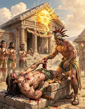 Ritual azteca. un gran guerrero está herido y va a ser sacrificado. 