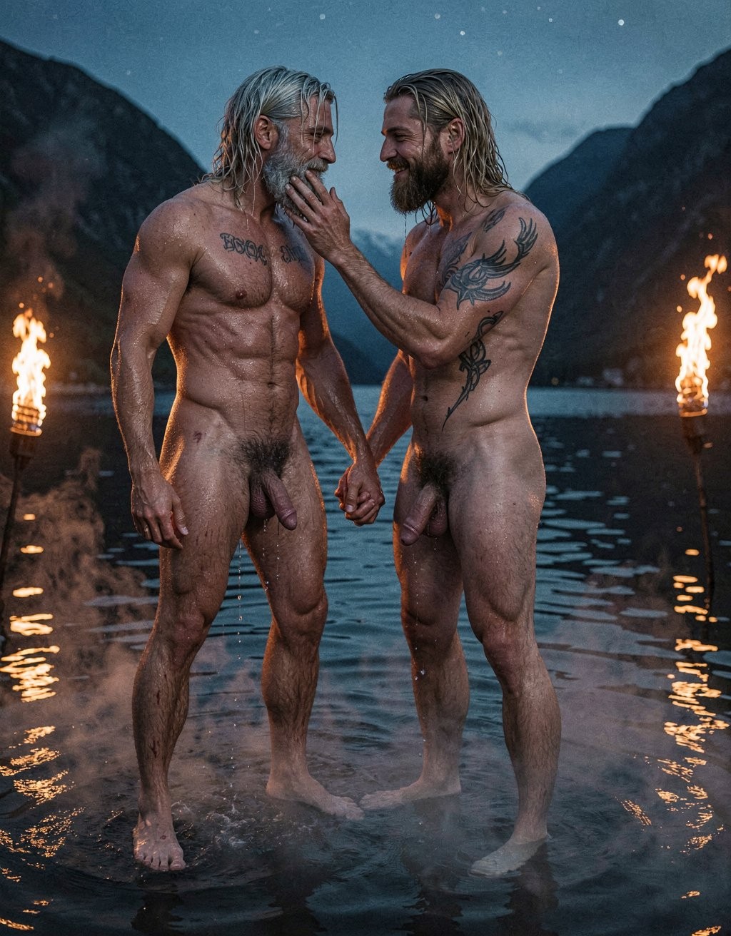 Dos hombres desnudos permanecen de pie dentro de un lago oscuro, con el agua hasta los tobillos y una atmósfera nocturna rodeada de montañas. Ambos tienen el pelo largo y mojado, barba y cuerpos musculosos iluminados por antorchas encendidas a ambos lados, cuyos reflejos anaranjados brillan sobre la superficie del agua. El hombre de la izquierda, de cabello grisáceo, muestra el pecho tatuado y el pene visible, mientras mira al otro con una expresión intensa; el hombre de la derecha, rubio y tatuado en el hombro y el costado, le acaricia la barba con una mano mientras ambos se sujetan las manos en un gesto íntimo y sereno. La escena combina desnudez masculina, contacto afectivo, naturaleza salvaje, fuego ritual y un paisaje frío de fiordo o lago alpino bajo el cielo estrellado.