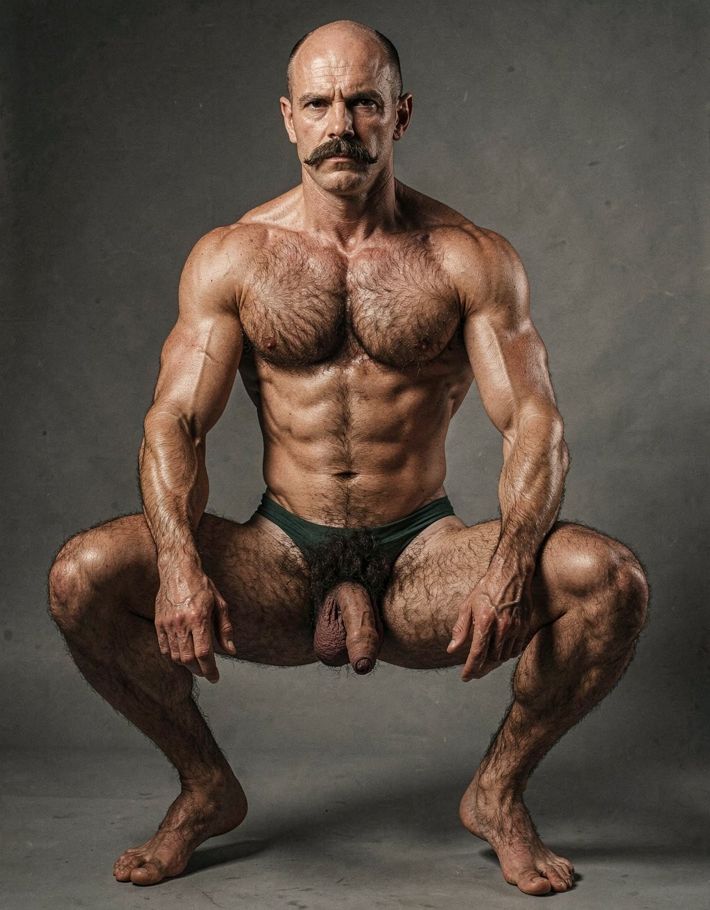 Mike Morris, a 32-year-old extremely lean Caucasian male with only 8% body fat, stands completely naked in a strict military attention pose captured in a full-body three-quarter view at a slight 45-degree angle. The shot runs from the tips of his size 44 slightly hairy feet all the way up to the top of his bald head, showing his entire body without any cropping. His physique is dry, vascular and powerfully defined: massive square pectorals covered in dense dark brown chest hair forming a thick T-pattern, sharply carved six-pack abs, narrow waist, wide flaring lats, and thick muscular thighs with dense dark hair. Dramatic directional studio lighting falls from high and slightly to the left, creating bright highlights on his tanned skin, the texture of his dense body hair across his chest, lower back and legs, and deep shadows that accentuate every muscle separation and vein. His advanced Norwood III-IV bald scalp is clearly visible, with short dense dark brown hair only on the sides and back of his head. His square, angular face with prominent jaw, thick dark handlebar mustache, heavy brows and intense deep-set brown eyes stares straight ahead with a serious, commanding expression. His penis is fully visible, completely natural and realistic: thick, 24 cm long when erect, with natural upward curve, prominent veins along the shaft, long foreskin that partially covers the pink-red glans, and realistic skin texture noticeably lighter than his bronzed body. Below it hang his large, low-hanging testicles with wrinkled darker skin and dense dark brown hair. The extremely thick, curly dark brown pubic bush climbs almost to his navel and spreads generously around the base of his cock and balls. Every detail from his veined hands and forearms to his diamond calves and hairy toes is perfectly proportioned and anatomically correct. Photorealistic, high-contrast, masculine 1970s Colt Studio aesthetic with subtle grainy film texture. Tiene puesto un ajustado tanga estrecho verde oscuro. Está agachado. 
