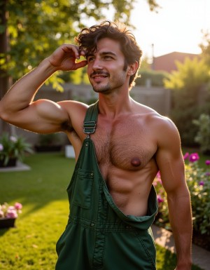 Un jardinero joven de aproximadamente 25 años, con pelo moreno despeinado y una barba incipiente, viste un mono verde de trabajo desabrochado en la parte superior, dejando al descubierto su torso musculoso y cubierto de vello sudado. Su piel bronceada por el sol y el sudor resalta la definición de sus músculos, mientras que el vello de su pecho y abdomen se ve claramente a través de la fina capa de sudor que cubre su cuerpo.

Con un movimiento ágil, levanta un brazo para secarse el sudor de la cara, dejando al descubierto sus axilas sudadas y cubiertas de vello oscuro. Su brazo musculoso se flexiona mientras se seca la frente, y su mano se desliza por su cabello moreno, despeinándolo aún más. La luz del sol resalta los detalles de su cuerpo, desde la curva de sus hombros hasta la definición de sus abdominales, y el mono verde se ve desgastado y sudado en las áreas donde se ajusta a su cuerpo.

En el fondo, se puede ver un jardín lleno de vida, con flores y árboles que rodean al joven jardinero, mientras que el sol brilla intensamente en el cielo, iluminando la escena con una luz cálida y natural. El ambiente es tranquilo y relajado, con el único sonido del canto de los pájaros y el susurro del viento entre las hojas de los árboles. El joven jardinero se ve cómodo y relajado en su entorno, con una expresión de satisfacción y tranquilidad en su rostro sudado.