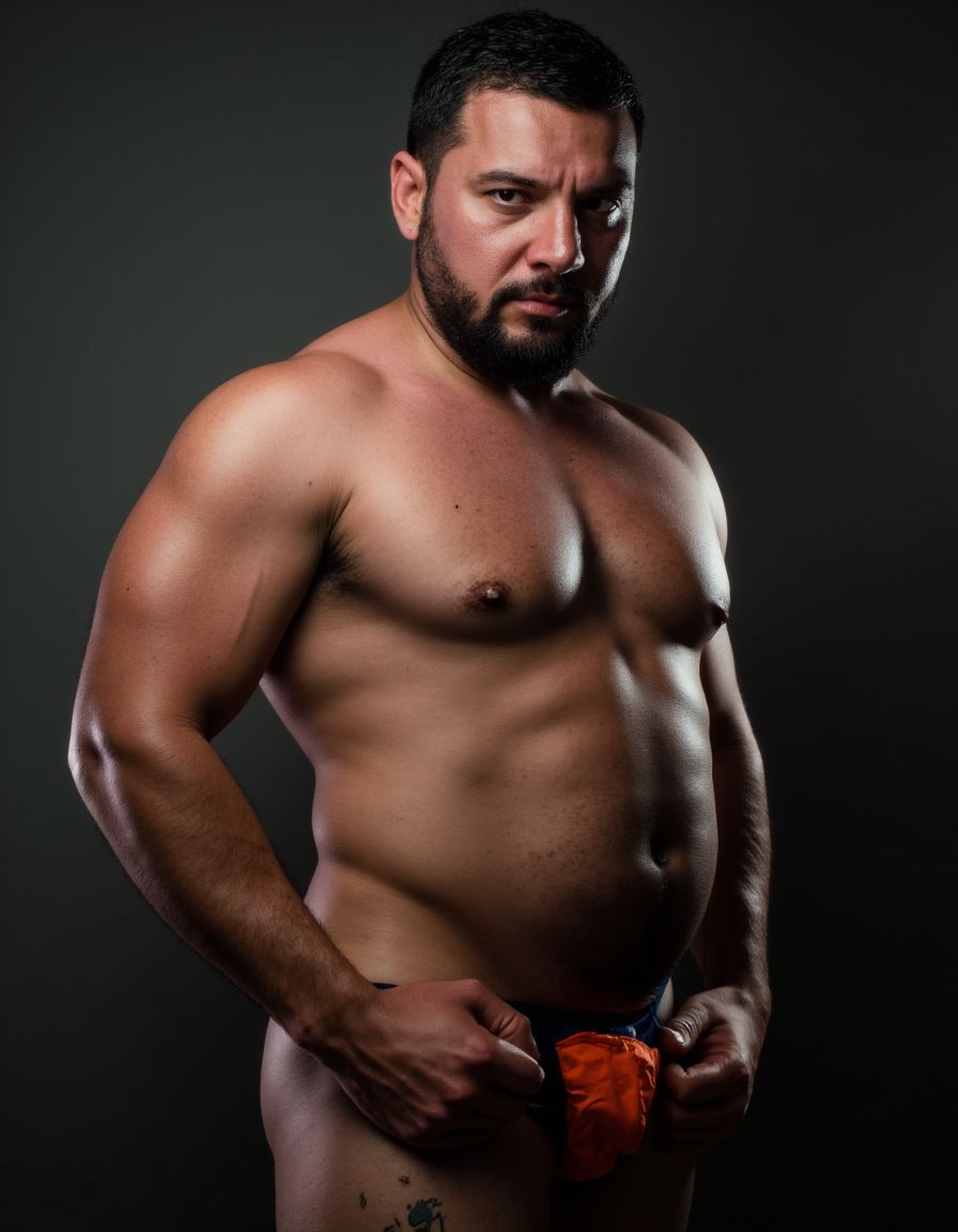 Imagen hiperrealista, hombre de mediana edad con pene visible erecto eyaculado 