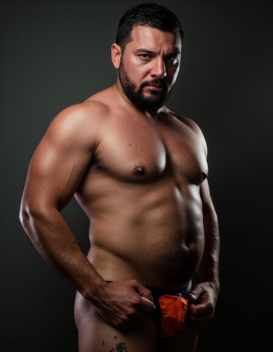 Imagen hiperrealista, hombre de mediana edad con pene visible erecto eyaculado 