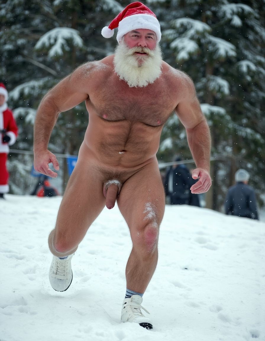 Un hombre corpulento con barba blanca espesa y gorro rojo de Papá Noel corre desnudo sobre la nieve, con el torso musculoso al descubierto, brazos en tensión y zapatillas deportivas blancas. Su pene queda visible mientras avanza en un entorno invernal, con copos cayendo y restos de nieve adheridos a una pierna. Al fondo aparecen abetos cubiertos de nieve, varias personas desenfocadas y otra figura vestida de Papá Noel, creando una escena de carrera navideña al aire libre con contraste entre el frío paisaje nevado y la desnudez del corredor.