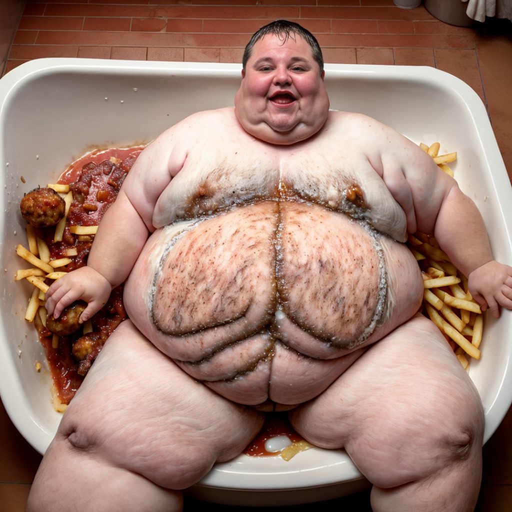 Hombre obeso en bañera llena de mantequilla derretida, bacon crujiente y albóndigas con salsa de tomate, rodeado de patatas fritas esparcidas en el suelo, piel sudorosa y brillante, expresión de placer, agua grasosa, ambiente sensual y decadente.