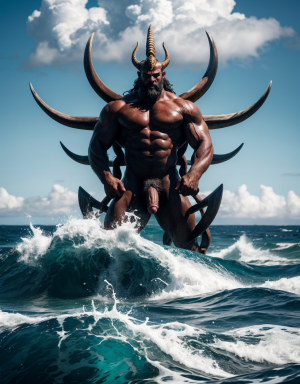 Poseidón es un dios supremo llegado a Grecia con las primeras invasiones de los pueblos indoeuropeos. Es el Dios del mar. Está sobre una tabla de madera vieja flotando en las aguas del mar. Tiene un tridente. Tiene carácter feroz, impredecible y violento. Tiene pene grande. Tiene testículos redondos y grandes. Está agachado sobre una tabla de madera.