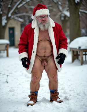 La Navidad. Papá Noel es un hombre de 40 años, atleta, está delgado y tiene músculos marcados y definidos, es muy varonil, tiene barba blanca abundante. Solo tiene el gorro de papá Noel porque está totalmente desnudo enseñando su musculatura de atleta y bronceada, tiene mucho vello blanco que cubre sus músculos pectorales y el abdomen y también en sus piernas. Tiene sandalias blancas en sus pies. Barba abundante blanca de papá Noel. Es el Papá Noel del año 2025, con mucha alegría y mucho sexo gay. Aspecto muy masculino salvaje. Pene erecto de 20cm de longitud y 8cm de diámetro. Abundante vello blanco por todo el cuerpo. Está saltando sobre la nieve mientras nieva y su gran pene erecto de 22 cm de longitud y 9 cm de diámetro se llena de nieve. Está metiendo su pene con la mano derecha dentro del ano de otro hombre de aspecto deportista y desnudo con polla grande