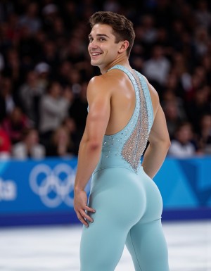 a 25-year-old Olympic male figure skater, with a smooth, tanned complexion and soft, brown hair, green eyes, and full, inviting lips, showcasing a dazzling smile with perfectly white teeth, stands confidently, leaning forward, and smiling over his shoulder, as he intentionally showcases his round, big, bubble butt directly into the camera lens, by bending over a lot. One of his hands is gently resting on his buttock, subtly spreading his cheeks, accentuating the curves of his rear. 

The young man is dressed in a skintight spandex full body suit in pale blue and turquoise colours, adorned with rhinestones and shiny elements, which tightly hugs his body, emphasizing his strong, athletic legs and accentuating the definition of his buttocks, the fabric visibly clinging between his cheeks. 

In the background, the audience is in a frenzy, with some spectators cheering and whistling, clearly enthralled by the figure skater's daring pose and the revealing nature of his costume, while others can be heard shouting derogatory slurs, such as 