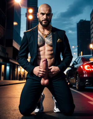 Hombre de 25 años, cuerpo atlético, rasgos duros y actitud desafiante, chandal deportivo ajustado, pene grande y largo, rapado, barba de dos días, zapatos Nike llamativos, tatuajes visibles en los antebrazos y el cuello, cadena gruesa de oro, calle de ciudad de fondo, de pie con postura dominante, expresión chulesca. Un hombre mayor de traje ejecutivo y zapatos, arrodillado a sus pies, pene erecto, testículos grandes, mirada de sumisión, frente tocando el pene del joven. Diferencia clara de estatus y poder, iluminación urbana nocturna, contraste fuerte de vestimenta y actitud, detalle en los rostros y gestos, composición vertical impactante. Está totalmente desnudo