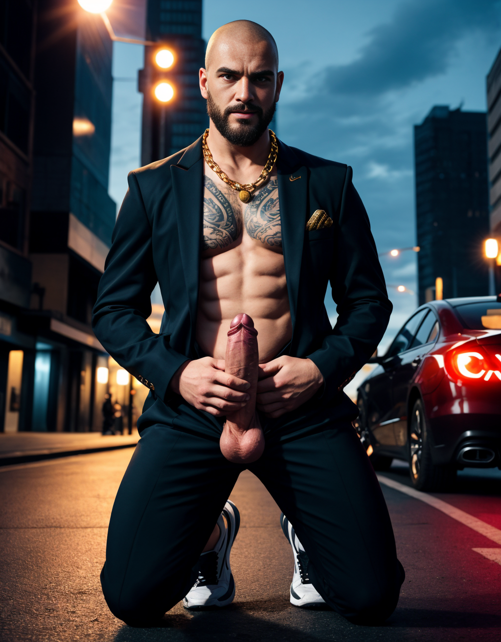 Hombre de 25 años, cuerpo atlético, rasgos duros y actitud desafiante, chandal deportivo ajustado, pene grande y largo, rapado, barba de dos días, zapatos Nike llamativos, tatuajes visibles en los antebrazos y el cuello, cadena gruesa de oro, calle de ciudad de fondo, de pie con postura dominante, expresión chulesca. Un hombre mayor de traje ejecutivo y zapatos, arrodillado a sus pies, pene erecto, testículos grandes, mirada de sumisión, frente tocando el pene del joven. Diferencia clara de estatus y poder, iluminación urbana nocturna, contraste fuerte de vestimenta y actitud, detalle en los rostros y gestos, composición vertical impactante. Está totalmente desnudo