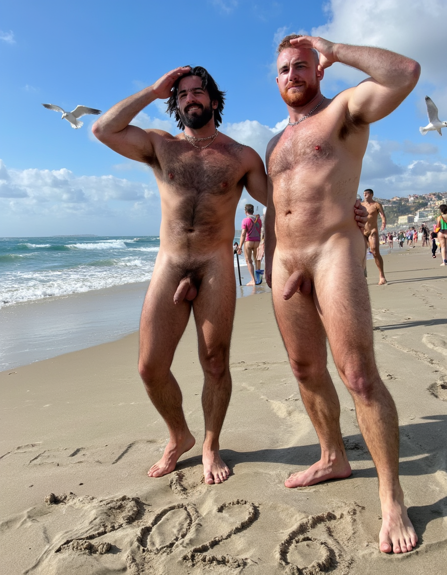 Día de Año Nuevo 2026. Dos hombres llamados Juan y Pedro, tienen los pies descalzos pero están totalmente desnudos. 

Juan es un hombre de 50 años de edad, muy atlético y tiene sus músculos muy definidos y es muy peludo, está totalmente desnudo, tiene un pene largo erecto de 36 cm de longitud y 9 cm de diámetro, tiene cabello negro largo ondulado y desordenado, tiene mucho vello pectoral, tiene piernas masculinas con abundante vello, tiene brazos peludos,  su cara tiene forma cuadrada tiene mentón prominente con hoyuelo muy pronunciado y muy masculino, su barba está bien afeitada y su cara está muy limpia resaltando sus facciones masculinas. 

Pedro es un hombre de 58 años de edad con músculos marcados sin grasa, está totalmente desnudo, tiene un pene largo de 39 cm de longitud y 9 cm de diámetro, tiene cabello pelirrojo rizado abundante y largo de color rojo, tiene abundante vello pelirrojo pectoral de color rojo oscuro en abundancia, tiene piernas masculinas con mucho vello, tiene brazos peludos y muy masculinos. Pedro tiene presencia atlética y es muy peludo, mucho pelo por todo su cuerpo. 

Pedro está con el esfínter del culo abierto. Juan mete su pene por el esfínter del culo de Pedro ((Imagen de alta definición, imagen calidad 4K, UHD)). Dentro del culo de Pedro está a medio meter el pene de Juan. ((Juan tiene su pene dentro del culo de Pedro)). Sexo anal duro y apasionado. Pedro está con el esfínter del culo abierto. Juan mete su pene por el esfínter del culo de Pedro ((Imagen de alta definición, imagen calidad 4K, UHD)). Dentro del culo de Pedro está a medio meter el pene de Juan. Juan tiene su pene dentro del culo de Pedro. Sexo anal duro y apasionado. ((Penetración)) penes erectos. 

Pedro y Juan enseñan sus músculos muy marcados y bien definidos, están de pie sobre la arena de la playa con olas azules y con el Sol reflejándose sobre el agua del mar mientras vuelan dos gaviotas. En la arena de la playa está trazado el texto: 
