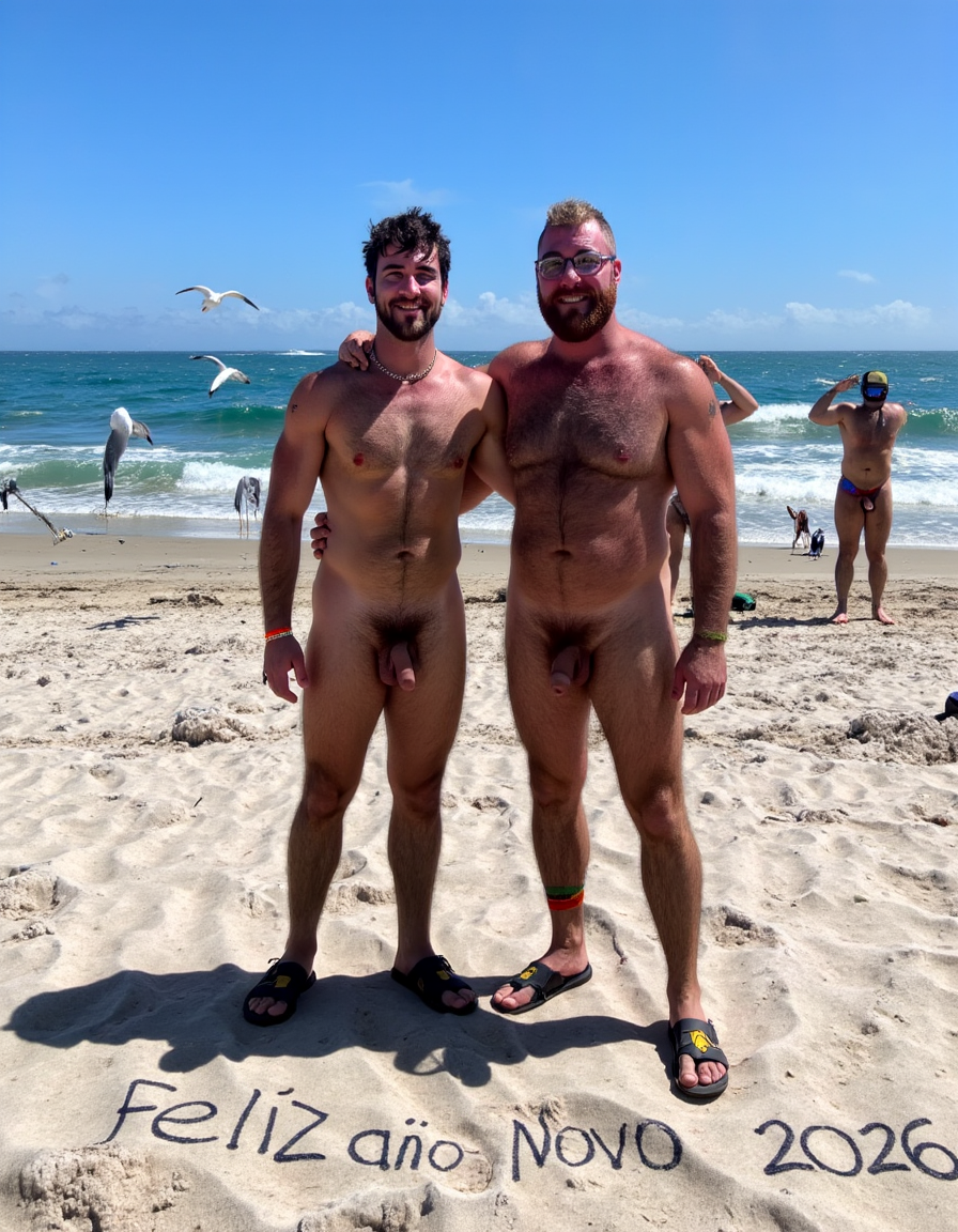Día de Año Nuevo 2026. Dos hombres llamados Juan y Pedro, tienen sandalias pero están totalmente desnudos. 

Juan es un hombre de 50 años de edad, muy atlético y tiene sus músculos muy definidos y es muy peludo, está totalmente desnudo, tiene un pene largo erecto de 36cm de longitud y 9cm de diámetro, tiene cabello negro largo ondulado y desordenado, tiene mucho vello pectoral, tiene piernas masculinas con abundante vello, tiene brazos peludos,  su cara tiene forma cuadrada tiene mentón prominente con hoyuelo muy pronunciado y muy masculino, su barba está bien afeitada y su cara está muy limpia resaltando sus facciones masculinas. 

Pedro es un hombre de 58 años de edad con músculos marcados sin grasa, está totalmente desnudo, tiene un pene erecto largo de 39 cm de longitud y 9 cm de diámetro, tiene cabello pelirrojo rizado abundante y largo de color rojo, tiene abundante vello pelirrojo pectoral de color rojo oscuro en abundancia, tiene piernas masculinas con mucho vello, tiene brazos peludos y muy masculinos. Pedro tiene presencia atlética y es muy peludo, mucho pelo por todo su cuerpo. 

Pedro está con el esfínter del culo abierto. Juan mete su pene por el esfínter del culo de Pedro ((Imagen de alta definición, imagen calidad 4K, UHD)). Dentro del culo de Pedro está a medio meter el pene de Juan. ((Juan tiene su pene dentro del culo de Pedro)). Sexo anal duro y apasionado. Pedro está con el esfínter del culo abierto. Juan mete su pene por el esfínter del culo de Pedro ((Imagen de alta definición, imagen calidad 4K, UHD)). Dentro del culo de Pedro está a medio meter el pene de Juan. Juan tiene su pene dentro del culo de Pedro. Sexo anal duro y apasionado. ((Penetración)) penes erectos. 

Pedro y Juan enseñan sus músculos muy marcados y bien definidos, están de pie en la arena de la playa con olas azules y con la luz del Sol reflejándose los sobre el agua del mar mientras vuelan dos gaviotas. En la arena de la playa está trazado el texto: 