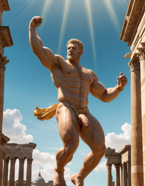 En el año 49 a.C., Julio César desnudo con pene grande. Está por las calles de la ciudad de Roma. Está bronceado. Tiene testículos grandes y peludos, muestra su bíceps derecho con orgullo. Tiene un aro luminoso sobre su cabeza. Tiene sandalias, monedas esparcidas. Salta hacia arriba subiendo al cielo. Es muy atractivo. Está volando entre nubes. Se ve todo el cuerpo, cabeza y pies con sandalias.