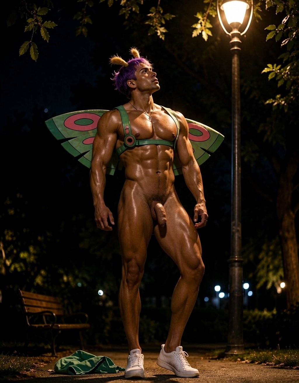 Un hombre musculoso posa desnudo en un parque de noche, iluminado por una farola alta que resalta el brillo de su piel, el torso definido, los abdominales marcados y las piernas fuertes. Lleva una peluca corta de color morado con pequeñas antenas y unas alas verdes sujetas a la espalda, evocando un disfraz de insecto o mariposa; también viste unas tiras verdes tipo arnés sobre el pecho y zapatillas deportivas blancas. Su pene queda visible mientras permanece de pie con actitud segura, mirando hacia arriba bajo la luz cálida. Al fondo hay árboles oscuros, hojas, bancos de madera y luces lejanas, creando una escena nocturna teatral y llamativa.