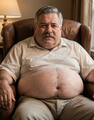 Photorealistic portrait of an obese grandfather with thick bushy mustache, sagging jowls, heavy realistic body fat folds and rolls, detailed wrinkled aged skin texture and natural skin tones, sitting relaxed in a leather armchair, warm indoor lighting with soft volumetric shadows, cinematic composition, sharp focus, intricate details, high detail, 8k quality, masterpiece