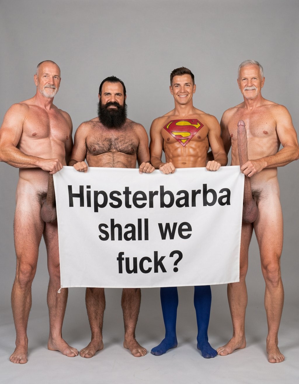Four naked muscular men holding banner text HIPSTERBARBA FOLLAMOS ultra high quality 8K photorealistic: El Comandante Spanish military leader 45 years short gray hair stern commanding face muscular trained body 185cm 85kg standing far left holding left edge of banner with both hands completely naked massive erect uncircumcised penis 25cm thick veiny shaft visible below banner heavy balls alpha dominant stance, Soldado Bartolo Spanish soldier 35 years thick dark full beard short hair very hairy muscular chest arms legs groin 180cm 80kg standing center-left holding banner completely naked large erect uncircumcised penis 18cm thick visible hairy balls masculine hairy build playful smirk, Superman alien superhero 195cm 100kg perfect bronzed smooth hairless skin short black hair with characteristic curl bright blue eyes massive superhuman muscles standing center-right holding banner completely naked enormous erect penis 23cm steel hard thick shaft visible smooth heavy balls god-like physique confident smile, General Rodolfo Castaños 60 years short gray military hair thick gray mustache experienced muscular body 175cm 75kg standing far right holding right edge of banner completely naked thick erect penis 20cm visible mature heavy balls military bearing knowing expression, all four men standing in horizontal row full body visible head to feet holding between them large white fabric banner at chest level with bold black letters spelling Hipsterbarba ¿follamos? question mark clearly readable professional typography banner stretched tight all four erect penises balls completely visible below banner military office background professional studio lighting 8K photorealistic resolution masterpiece quality inviting expressions.