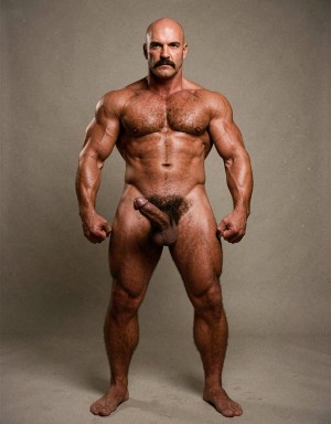 Mike Morris, the 32-year-old Caucasian bodybuilder with an athletic and extremely defined muscular physique, stands at full attention in a strict military pose, feet together, legs straight, back rigidly upright, shoulders back, chest thrust forward, arms at his sides with fists clenched, and head held high looking straight ahead with a serious, almost threatening expression. Full body shot from the tips of his toes to the top of his bald head. He is completely naked. His advanced Norwood III-IV male pattern baldness is clearly visible, with a shiny tanned scalp on top, short dark brown hair only on the sides and back. His square, angular face with strong jaw, prominent cheekbones, thick dark handlebar mustache, heavy brows, and intense deep-set brown eyes under slightly hooded lids stares forward with firm authority. His massive square pectorals are pushed out, dark brown chest hair forming a dense classic T-pattern down the sternum and spreading across his wide six-pack abs. Small dark nipples sit low on the pecs. A trail of dark hair leads to an extremely dense, thick, curly dark brown pubic bush that climbs almost to his navel. His heavy 14 cm flaccid cock hangs thick over large, low-hanging hairy testicles, the skin of the shaft noticeably lighter than his tanned body. Powerful veined forearms, developed traps flowing into delts, defined quads with visible separation, diamond-shaped calves, and hairy feet complete the figure. Warm directional studio lighting from above and slightly to the side creates sharp highlights on his oiled skin, deep shadows that accentuate every muscle fiber, the texture of his dense body hair, and the contrast between his tanned body and lighter genital area. Photorealistic, 1970s Colt Studio aesthetic, high contrast, masculine and commanding presence, grainy film texture.