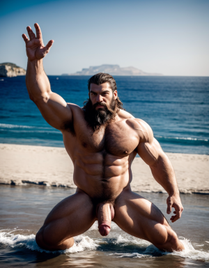 Poseidón es un dios supremo llegado a Grecia. Es el Dios del mar. Está en la playa. Tiene una lanza tridente en su mano izquierda. Tiene carácter feroz y violento. Tiene mucho vello. Tiene pies con membrana interdigital, se ven los pies. Tiene testículos redondos y grandes. Tiene las piernas abiertas. Se ven los testículos hermosos colgando. Tiene pene grande y largo