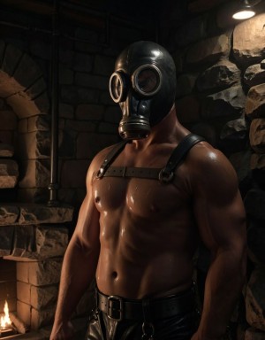 Hombre desnudo, arnés de cuero negro, máscara de gas, mazmorra gótica oscura, grilletes en paredes de piedra, luces rojas tenues, ambiente intenso y sensual, piel sudorosa, músculos tensos, arnés ajustado, máscara de gas brillante, sombras profundas, erotismo y poder.