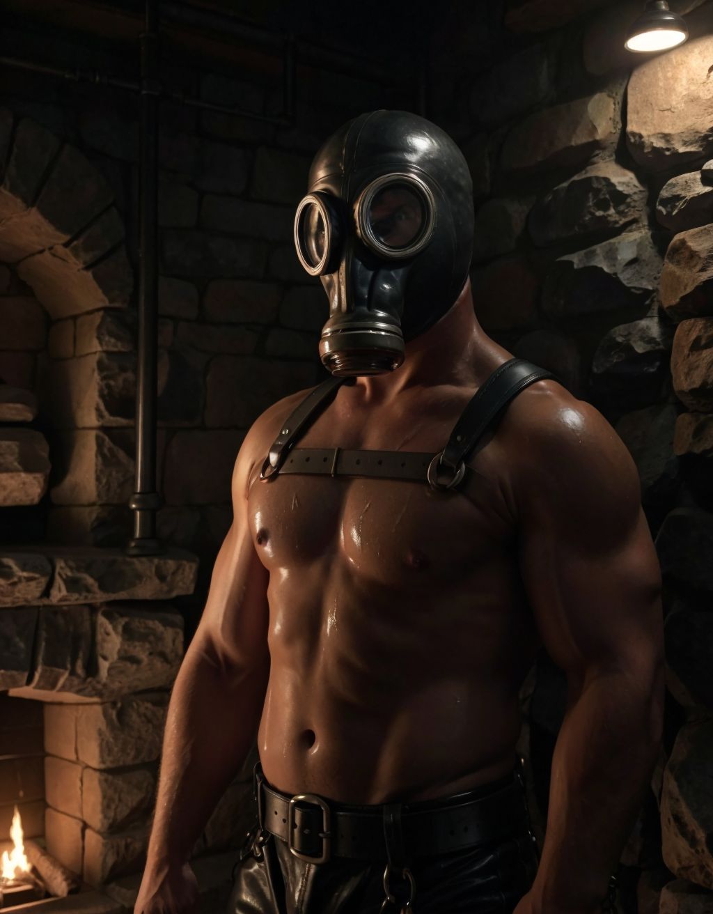 Hombre desnudo, arnés de cuero negro, máscara de gas, mazmorra gótica oscura, grilletes en paredes de piedra, luces rojas tenues, ambiente intenso y sensual, piel sudorosa, músculos tensos, arnés ajustado, máscara de gas brillante, sombras profundas, erotismo y poder.