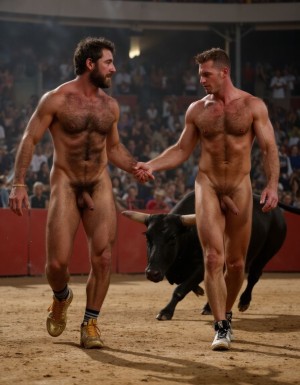 Un torero español musculoso y velludo de 50 años, con torso atlético y marcado, se muestra completamente desnudo, destacando su pene de 30 cm de longitud y 5 cm de grosor, perfectamente formado y rodeado de un denso vello púbico castaño oscuro. Sus testículos, perfectamente formados, cuelgan de forma prominente. La piel bronceada y sudorosa resalta su musculatura definida, con pectorales y abdominales bien marcados y sin grasa. El cabello largo y castaño oscuro está despeinado y sudoroso, con gotas de sudor resbalando por su frente y mejillas. Una barba incipiente y un vello corporal denso que se extiende por su pecho, piernas y brazos completan su apariencia viril. Lleva zapatillas doradas en sus pies.

A su lado, un hombre musculoso y velludo de 30 años, completamente desnudo, muestra un pene de 30 cm de longitud y 4 cm de grosor, hermoso y perfecto, rodeado de un denso vello púbico pelirrojo. Su piel bronceada y sudorosa muestra una musculatura definida, con pectorales y abdominales muy marcados. Tiene cabello pelirrojo despeinado y sudoroso. Tiene una barba pelirroja densa pero bien recortada. El vello corporal pelirrojo denso cubre su pecho, y tiene mucho vello pelirrojo en sus piernas y brazos, lo que realza su apariencia masculina y atlética. Están andando en la plaza de toros con un toro salvaje.

Ambos hombres se encuentran en una plaza de toros, con sombras que resaltan su musculatura y vello corporal, creando un ambiente sensual y cargado de tensión. Están en pleno acto de pasión, con sus penes erectos y testículos prominentes ,destacando su musculatura, vello corporal y atributos viriles en una imagen impactante y llena de energía. La escena está llena de sensualidad y poder, con los dos hombres como protagonistas, en un ambiente cargado de pasión y erotismo. La imagen es híper realista, con detalles de alta calidad, y muestra la unión de los dos hombres en un acto de pasión y dominio, con sus cuerpos musculosos y velludos completamente desnudos y visibles, mostrando su excitación y pasión en cada detalle. Tienen sus penes erectos. Están totalmente desnudos. Tiene un pene de 30 cm de longitud y 5 cm de diámetro.