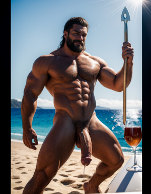 Poseidón es un dios supremo llegado a Grecia. Es el Dios del mar. Está en la playa. Tiene una lanza tridente en su mano izquierda. Tiene carácter feroz y violento. Tiene mucho vello. Tiene pies con membrana interdigital, se ven los pies. Tiene testículos redondos y grandes. Tiene las piernas abiertas. Se ven los testículos hermosos colgando. Tiene pene grande y largo. Alegría de vivir. Tiene cara de hombre atractivo, es un galán. Está delgado. Tiene gente alrededor desnudos con danza, la música y el vino. El amor de vida, dame amor. Te quiero. Bésame por favor. Eres el sueño de mi vida. Ven conmigo, amor, dámelo todo. Te quiero, te amo. Eyaculación conmigo. Eyaculación potente. Mucho placer sexual. Sexo. Mucho semen. 