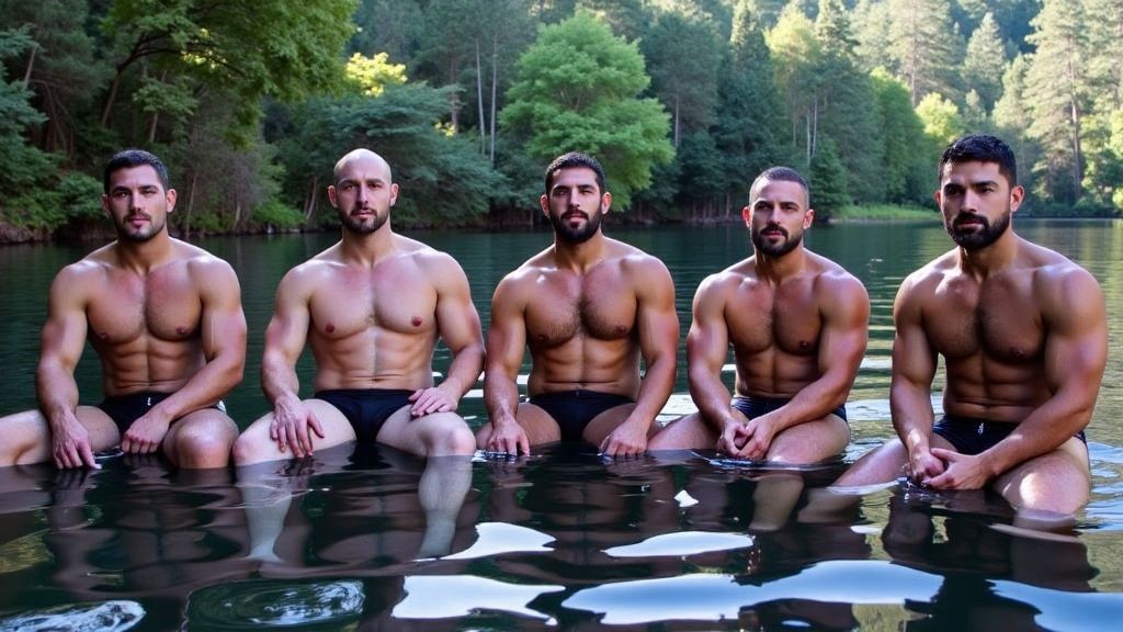 Deportistas. Paquetes. 
Cinco miembros hetero de un equipo de waterpolo, después de ganar la competición, disfrutan juntos de un fin de semana en Madeira, Portugal. Se encuentran con el bañador olímpico disfrutando de una jacuzzi en el bosque.