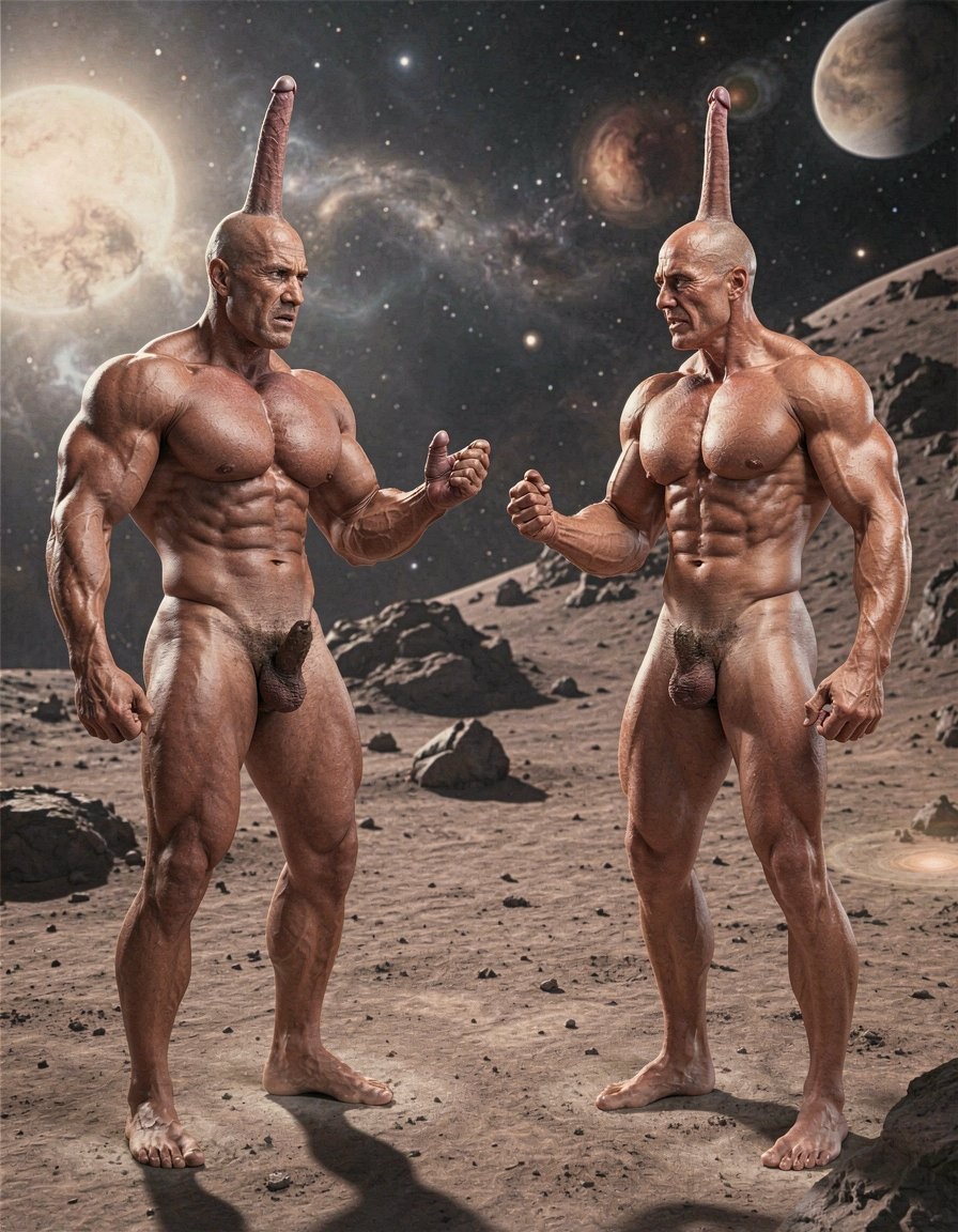Dos robots con forma humanoide  luchan desnudos mostrando sus cuerpos extremadamente musculosos en el polvoriento suelo de un planeta extraño, muestran sus penes erectos