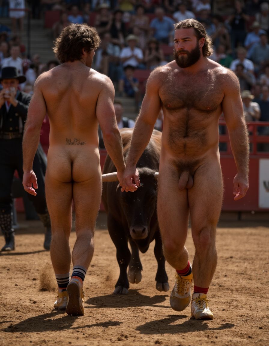 Un torero español musculoso y velludo de 50 años, con torso atlético y marcado, se muestra completamente desnudo, destacando su pene de 30 cm de longitud y 5 cm de grosor, perfectamente formado y rodeado de un denso vello púbico castaño oscuro. Sus testículos, perfectamente formados, cuelgan de forma prominente. La piel bronceada y sudorosa resalta su musculatura definida, con pectorales y abdominales bien marcados y sin grasa. El cabello largo y castaño oscuro está despeinado y sudoroso, con gotas de sudor resbalando por su frente y mejillas. Una barba incipiente y un vello corporal denso que se extiende por su pecho, piernas y brazos completan su apariencia viril. Lleva zapatillas doradas en sus pies.

A su lado, un hombre musculoso y velludo de 30 años, completamente desnudo, muestra un pene de 30 cm de longitud y 4 cm de grosor, hermoso y perfecto, rodeado de un denso vello púbico pelirrojo. Su piel bronceada y sudorosa muestra una musculatura definida, con pectorales y abdominales muy marcados. Tiene cabello pelirrojo despeinado y sudoroso. Tiene una barba pelirroja densa pero bien recortada. El vello corporal pelirrojo denso cubre su pecho, y tiene mucho vello pelirrojo en sus piernas y brazos, lo que realza su apariencia masculina y atlética. Están andando en la plaza de toros con un toro salvaje. Se aman

Ambos hombres se encuentran en una plaza de toros, con sombras que resaltan su musculatura y vello corporal, creando un ambiente sensual y cargado de tensión. Están en pleno acto de pasión, con sus penes erectos y testículos prominentes ,destacando su musculatura, vello corporal y atributos viriles en una imagen impactante y llena de energía. La escena está llena de sensualidad y poder, con los dos hombres como protagonistas, en un ambiente cargado de pasión y erotismo. La imagen es híper realista, con detalles de alta calidad, y muestra la unión de los dos hombres en un acto de pasión y dominio, con sus cuerpos musculosos y velludos completamente desnudos y visibles, mostrando su excitación y pasión en cada detalle. Tienen sus penes erectos. Están totalmente desnudos. Tienen un pene de 40 cm de longitud y 7 cm de diámetro.