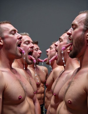 Seis hombres de mediana edad en dos filas sacan sus lenguas con forma de pene y dejan caer saliva sobre sus grandes pezones. Fondo gris.