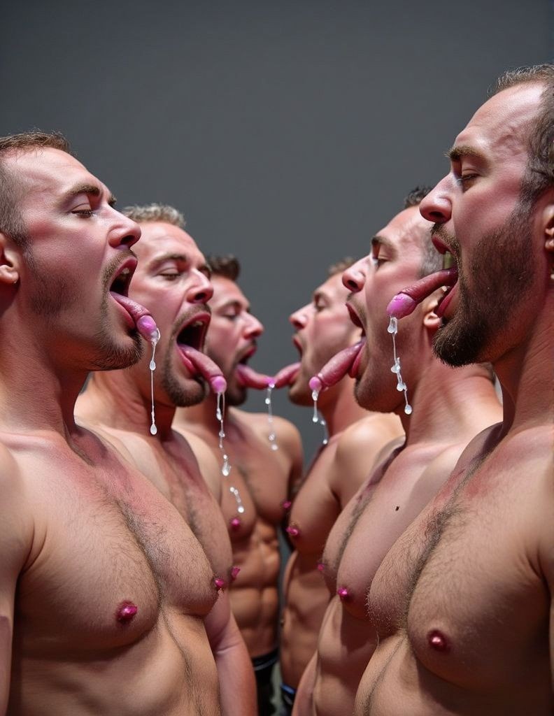 Saliva-semen. 
Seis hombres de mediana edad en dos filas sacan sus lenguas con forma de pene y dejan caer saliva sobre sus grandes pezones. Fondo gris.