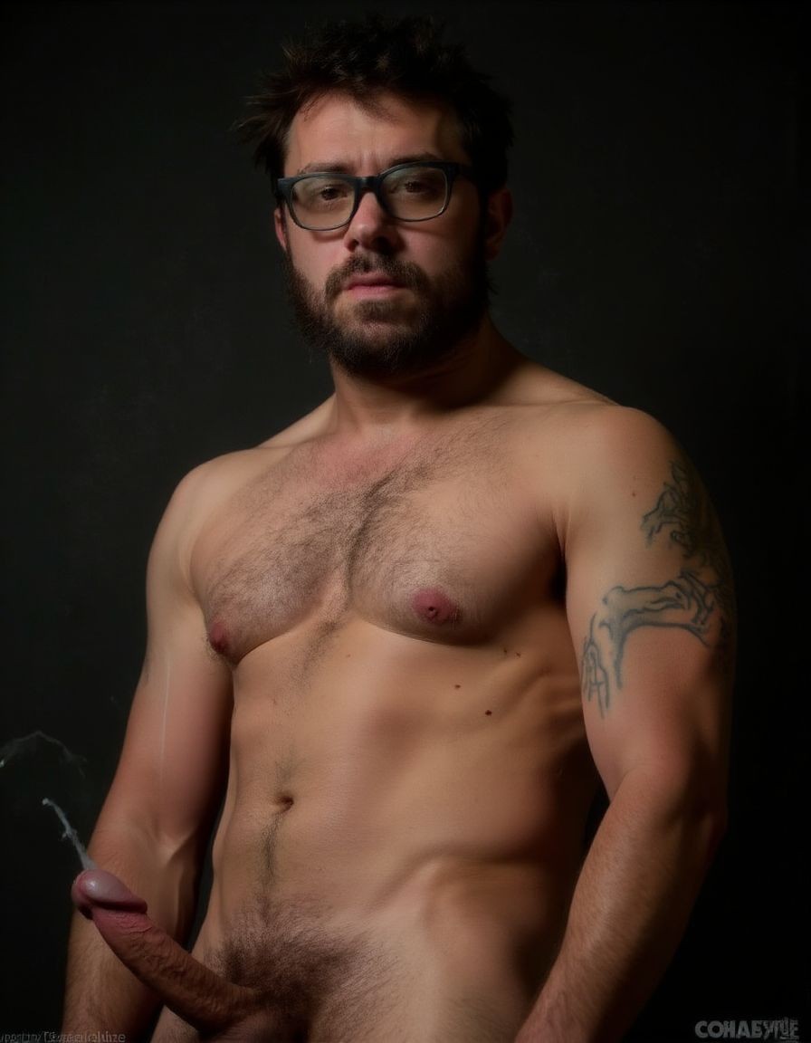 Fotografía hiperrealista de un hombre adulto musculoso a la vista desde las rodillas para arriba hasta la cabeza, rostro masculino idéntico a la imagen de referencia totalmente desnudo con polla erecta de treinta centímetros de longitud y ocho centímetros de diámetro, tiene rasgos marcados duros expresivos, barba densa poblada tupida oscura estilo hipster cubriendo completamente mandíbula mentón mejillas con grosor uniforme textura abundante muy definida, bigote denso tupido oscuro conectado perfectamente con la barba completa cubriendo completamente el labio superior, pelo oscuro medio peinado completamente recto hacia arriba con volumen considerable estilo hipster moderno quiff puntas verticales texturizadas hacia el cielo con altura prominente, cejas gruesas oscuras pobladas muy marcadas definidas, gafas de montura completa negra cuadradas grandes estilo hipster moderno sobre el puente de la nariz enmarcando unos ojos oscuros intensos que miran directamente a cámara con expresión seria penetrante confiada, expresión facial seria masculina sin sonrisa con mirada directa desafiante, pómulos marcados definidos angulares, nariz recta proporcionada, labios medios apenas visibles completamente cubiertos por bigote denso que conecta con la barba hipster completa, torso desnudo muy musculoso con pectorales enormes desarrollados y definidos y velludos peludos, hombros anchos musculosos deltoide prominentes, brazos musculosos gruesos con bíceps y tríceps marcados visibles a ambos lados del cuerpo, abdomen tonificado marcado visible desde la cintura, piel con textura realista detallada poros imperfecciones sutiles, vello corporal denso oscuro abundante cubriendo pectorales abdomen brazos hombros con textura natural masculina muy visible, tatuaje en tinta negra en el bíceps del brazo derecho con la palabra exacta a la vista 