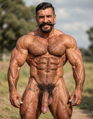 A powerful 35-year-old rural alpha male, 1.85m tall, 80kg, extremely dry and fibrous with 5% body fat, pure hard muscle that looks imposing. Square, hard masculine face with very prominent wide jaw, marked chin, high square cheekbones, slightly wrinkled forehead from frowning. Thick well-groomed black mustache with perfect alignment but noticeable volume, dense black eyebrows almost meeting in the center, small dark penetrating eyes with cold, disdainful, naturally arrogant look full of contempt. Straight somewhat wide nose, thin lips with permanent superior and arrogant expression as if about to spit on you. When he smirks sideways the mustache twists and deep wrinkles form on his cheeks making him look even more of a bastard. Sun-tanned golden skin with warm glow. Completely hairy torso covered in dense rough black hair that swirls thickest around dark hard nipples, wide shoulders and narrow waist in a perfect dominant triangle shape. Thick treasure trail of black hair running down defined abs, exploding into wild thick messy black pubic bush that covers the entire pubic area, surrounds the base of his heavy thick cock and climbs several centimeters up the lower belly and into the groin. Arms covered in black hair from shoulders to wrists, especially dense on forearms. Very hairy back and shoulders too. Massive 26cm even flaccid cock, 7cm thick diameter, heavy and hanging low between muscular thighs, dark brown skin tone darker than the rest of his body, heavily veined with one thick prominent vein running along the top, slightly rugose texture, very generous thick fleshy foreskin that completely covers the head forming a long heavy overhang with darker rim and shiny moisture visible at the opening. Large mushroom-shaped glans in dark pink-purple with very pronounced corona and wide piss slit, thick fleshy frenulum lighter in color. Heavy low-hanging scrotum with large balls, dark wrinkled skin completely covered in thick curly black hair, balls move freely inside the sack. Round high muscular ass with firm cheeks covered in black hair on top and between them, small tight hole surrounded by a visible ring of finer black hair. Extremely muscular veiny arms with big calloused working hands, high round biceps that bulge like hard balls with thick vein on top, very defined triceps with visible horse shoe, thick wide forearms full of cord-like veins, dense black hair on outer forearms. Powerful legs built for hard work and hard fucking: dense thighs with bulging vastus lateralis, separated quad sweeps, visible veins running from groin to knee, rock-hard hamstrings and defined tendons, diamond-shaped calves with two distinct hard heads covered in black curly hair. Dense rough black hair all over legs, thicker on upper thighs. Overall extremely dominant, arrogant rural stud with cold superior stare, thick black mustache and permanent smirk that says he owns you. Photorealistic, highly detailed, sharp focus, dramatic lighting that highlights every muscle, vein and hair.