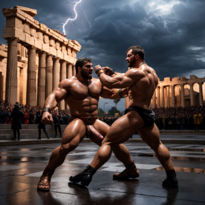Harmodio y Aristogitón están desnudos. Tienen grandes testículos muy velludos. Luchan en la plaza medieval de Atenas. Se golpean con sus grandes penes. Son musculosos y están delgados y bronceados. Tienen mucho vello por todo el cuerpo. Aristogitón rechaza a Harmodio. ⛓️ ⛓️ 🔪 🔪  🤬 😡 👠👠 👡👡 🧑🏻‍🎤 👨🏻‍🎤 👨🏼‍🦱 🌞 ⛅️🌨️🌧️⛈️🌩️💧💦