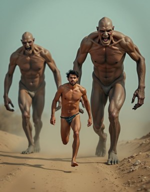 dos monstruos desnudos humanoides gigantes con penes enormes persiguen a un chico totalmente desnudo, corre desnudo para escapar de ellos. 