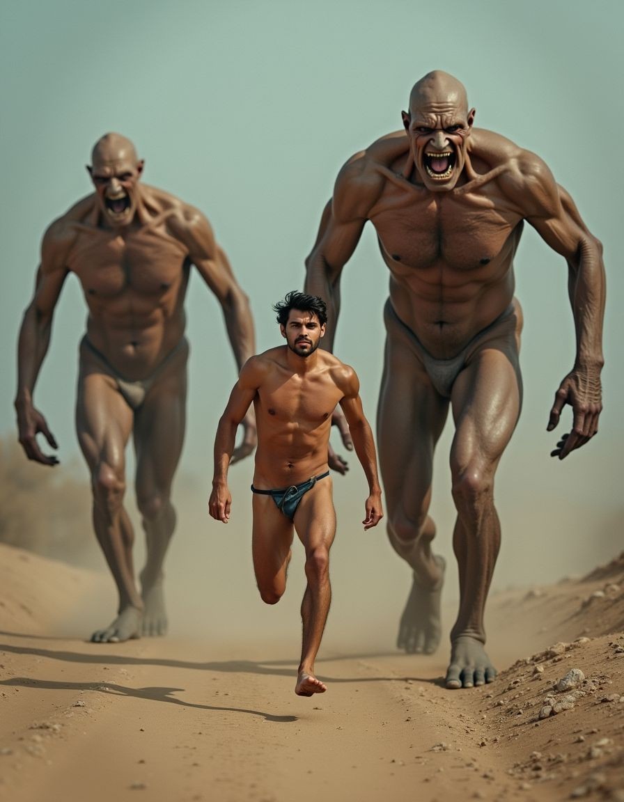 A muscular man runs barefoot along a sandy path in a desert landscape, dressed only in a small dark loincloth, while behind him advance two bald humanoid giants of threatening appearance. The creatures, much taller and bulkier, have extremely defined bodies, grayish or earthy skin, deformed faces with mouths open in a fierce scream, visible teeth, and enormous hands with long fingers, creating a scene of fantastic pursuit charged with tension. The desert dust, the low dunes, and the warm light reinforce the sensation of desperate flight, survival, danger, and epic adventure with a dark fantasy aesthetic.