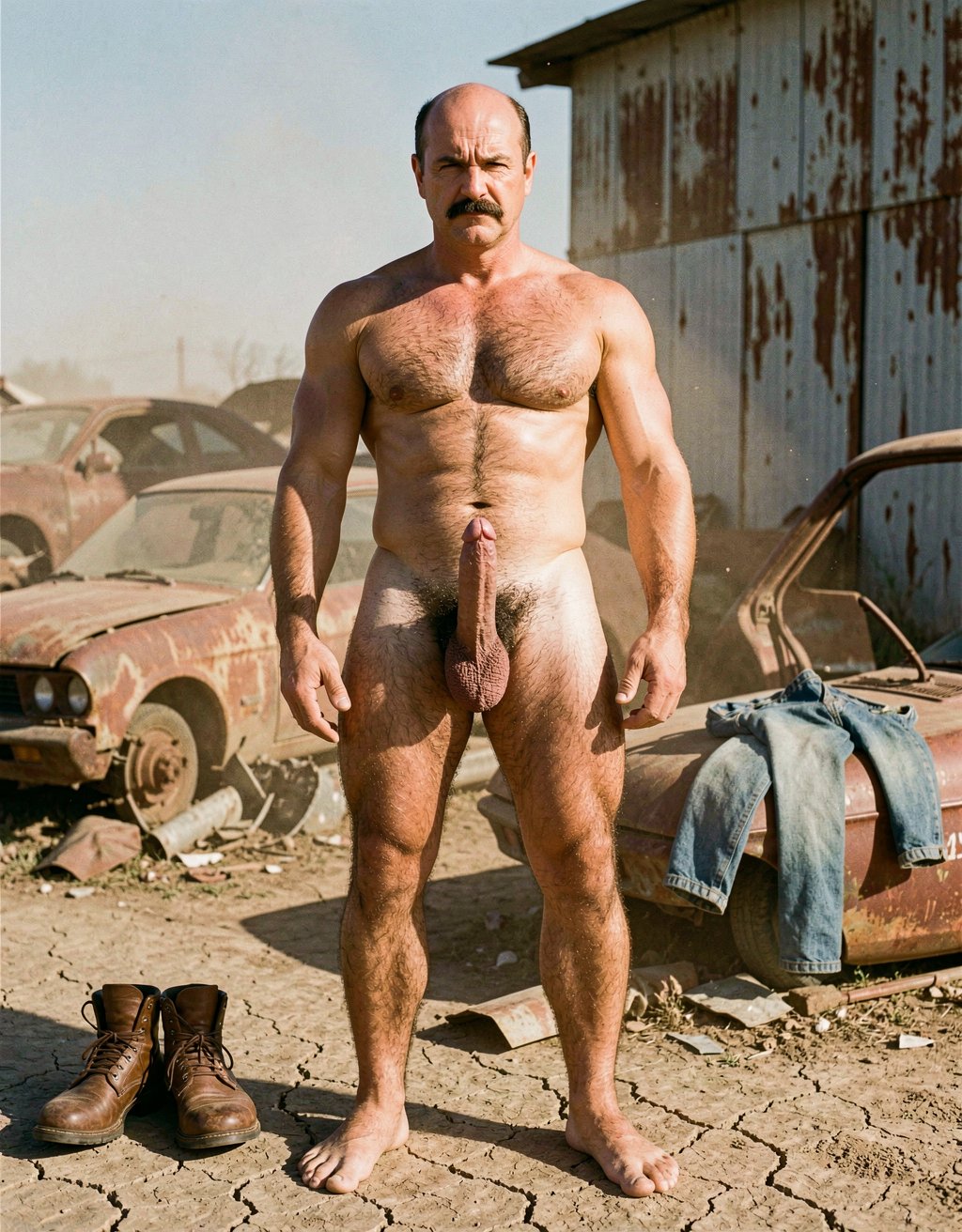 Mike Morris. A 32-year-old Mike Morris as Mr. Harris stands completely naked and barefoot in a dusty abandoned scrapyard under the harsh Texas sun, surrounded by rusted car wrecks, crushed metal piles and an old corrugated iron shed with peeling paint. His face is long, square and angular with high prominent cheekbones, a wide defined jaw, and a strong chin with a subtle dimple, his high broad forehead fully exposed under the sun with advanced Norwood III-IV baldness leaving the crown completely smooth and shiny, only short dark brown hair remaining on the sides and back. His thick dense handlebar mustache in dark brown covers his entire upper lip, his serious threatening expression with deep-set dark brown almond-shaped eyes under heavy drooping lids staring directly at the viewer. Heat haze shimmers in the background. His short thick veined neck and developed trapezius muscles connect to massive square pectorals with visible striations, six defined ab blocks, and dense dark brown body hair spreading in a T-pattern across his chest and down to his extremely dense dark brown pubic bush. His thick 24 cm erect cock stands fully engorged at 5 cm wide, pointing upward with prominent thick dorsal veins and a pink-reddish glans fully exposed, the pale shaft skin starkly contrasting with the dark pubic bush. Large low-hanging testicles hang beneath with wrinkled darker skin. His heavily muscled extremely hairy thighs and diamond-shaped calves are covered in dark brown hair. His bare size 44 EU feet are planted on the dry cracked earth. A pair of brown leather work boots and faded blue jeans lie discarded on a rusted car hood beside him, suggesting he just stripped for the scene. Golden late afternoon sunlight casts long shadows across his muscular hairy body, dust particles floating in the warm air, with a 1970s gritty film aesthetic, warm amber and ochre color palette, visible film grain, and the raw documentary-style erotic photography of classic gay porn from that era.    Evitar el error: Error: Unexpected token '<', 