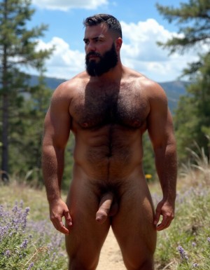 Hombre desnudo musculoso de 30 años, con piel bronceada y una gran cantidad de vello oscuro y denso cubriendo todo su cuerpo, destacando su masculinidad y fuerza. Su pene es de gran dimensión, perfecto, bonito y erguido, con testículos de gran tamaño que cuelgan con confianza y seguridad. 

Su cuerpo atlético muestra cada músculo definido, desde sus hombros anchos y fuertes hasta sus piernas musculosas y su torso bien definido con grandes pectorales. El vello cubre sus brazos, pecho, abdomen y piernas, dándole un aspecto salvaje y primitivo. Su rostro varonil, con una barba espesa y oscura, complementa su apariencia de hombre fuerte y seguro de sí mismo. 

La luz resalta cada faceta de su anatomía masculina, destacando su complexión física de culturista impresionante. El fondo es un paisaje natural con árboles pinos altos y arbustos de romero y tomillo en flor, creando un ambiente muy luminoso y lleno de color, con un cielo azul brillante y nubes blancas esparcidas. La imagen es hiperrealista, con detalles de alta calidad que capturan cada aspecto de su figura masculina en un entorno natural vibrante y lleno de vida.