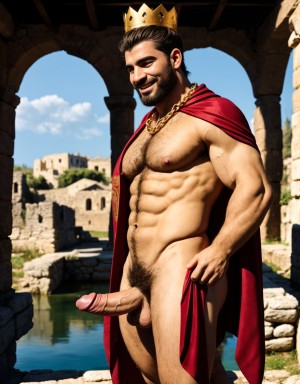 Hombre griego del siglo 1. Esta en un poblado con casas antiguas. Está desnudo. Tiene un pene grande y está eyaculando semen liquido blanco, chorreando. Tiene dos testículos gordos y peludos colgando entre las piernas. Está contento. Tiene una corona de oro con diamantes en la cabeza. Tiene una cadena de oro colgando del cuello. Tiene una capa roja colgada del cuello hacia la espalda. Tiene sandalias marrones en los pies. Su pene está erecto y está eyaculando semen blanco. Está alegre de placer y amor. Sale semen liquido blanco choreando. Tiene mucho vello. Tiene barba. Está eyaculando semen liquido blanco chorreando. Tiene la cara con expresión de paz y satisfacción de después del coito. Su pene está erecto y está eyaculando semen blanco.